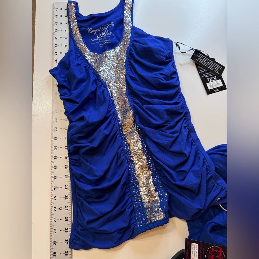 2-Piece Cowgirl Tuff Royal Blue Razor Back Tank Top & Cardigan Size L NWT